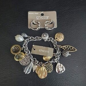 Chico's Mixed Metal Charm Bracelet and Hoop Huggie Earrings Jewelry Set NWT